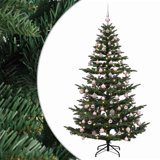 Sapin de noël artificiel avec boules 210 cm 300 led blanc chaud
