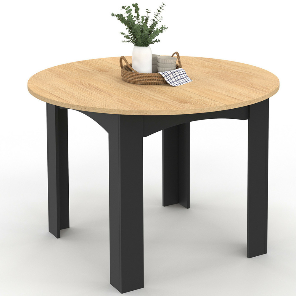 Table à manger fixe ronde dona 4-6 personnes noire plateau façon hêtre 110 cm