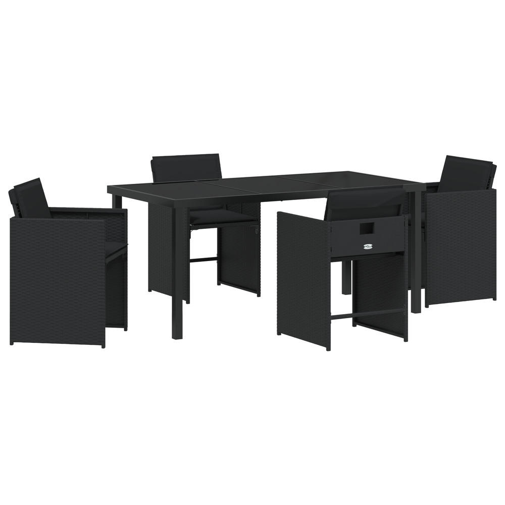 Ensemble de salle à manger de jardin 5 pièces avec coussins noir rattan poly