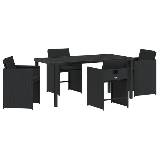 Ensemble de salle à manger de jardin 5 pièces avec coussins noir rattan poly