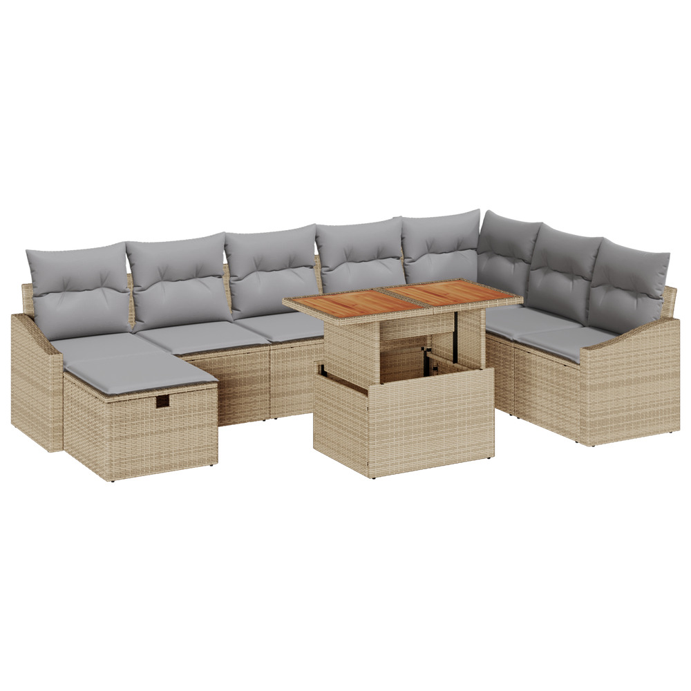 Set de canapé de jardin à 9 pièces avec coussins beige poly rattan