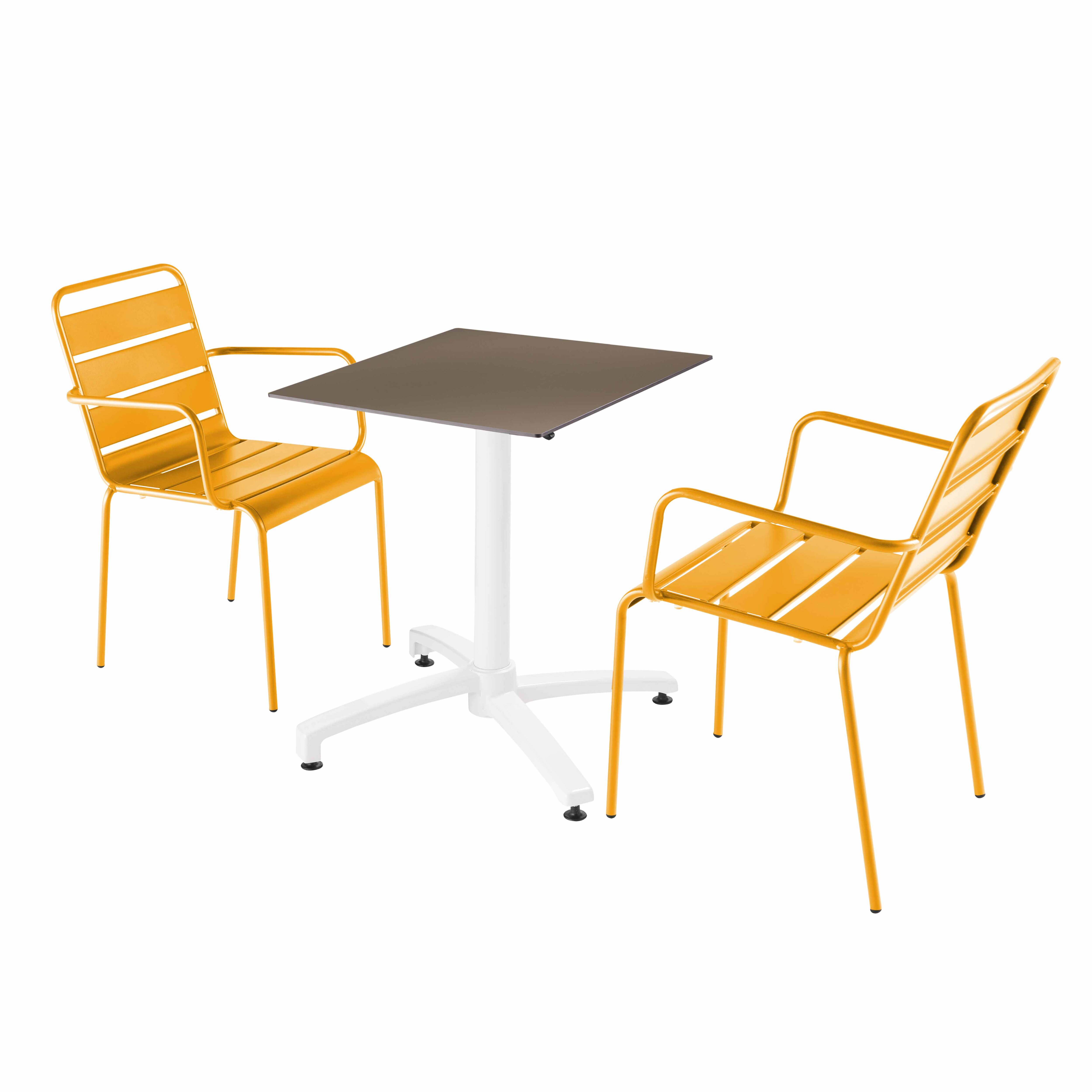 Ensemble table de terrasse stratifié taupe et 2 fauteuils jaune