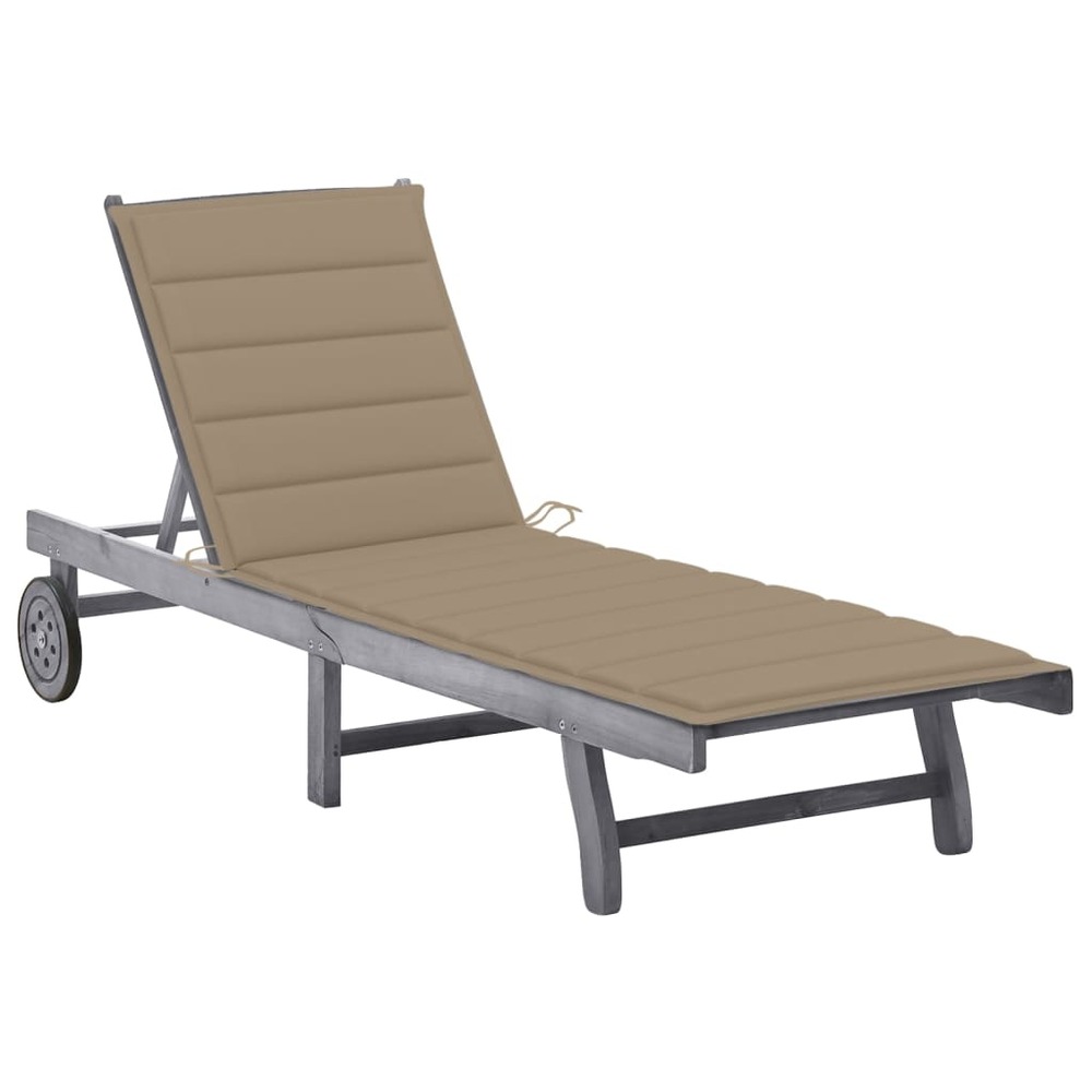 Transat chaise longue bain de soleil lit de jardin terrasse meuble d'extérieur 200 cm avec coussin gris bois d'acacia solide