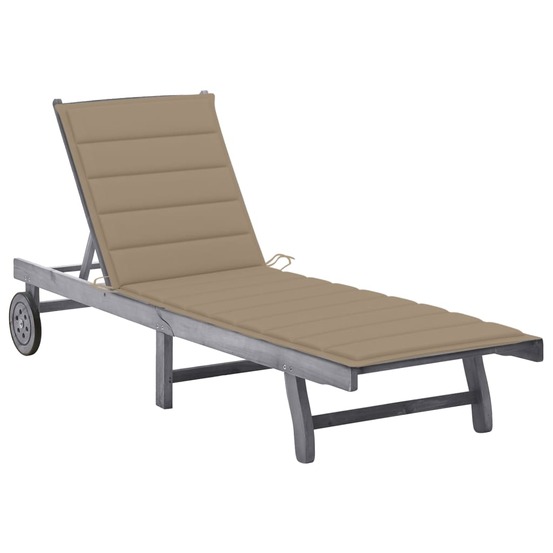 Transat chaise longue bain de soleil lit de jardin terrasse meuble d'extérieur 200 cm avec coussin gris bois d'acacia solide