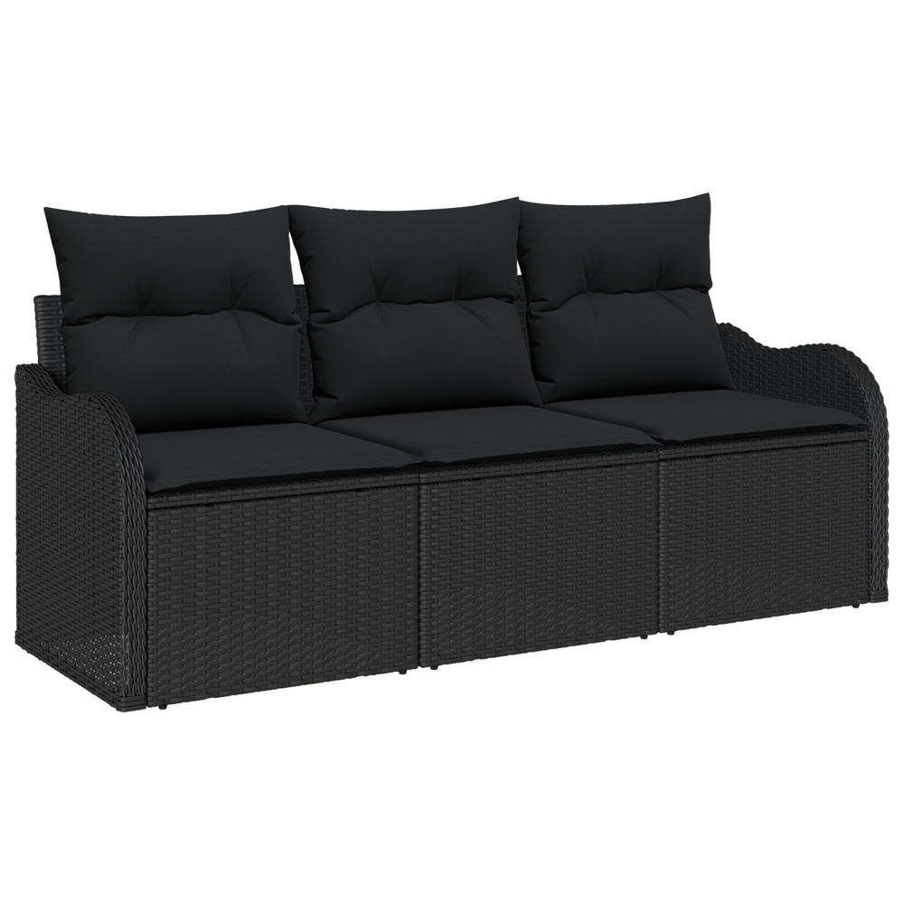 Ensemble de canapé de jardin 3 pièces avec coussins noir poly rattan