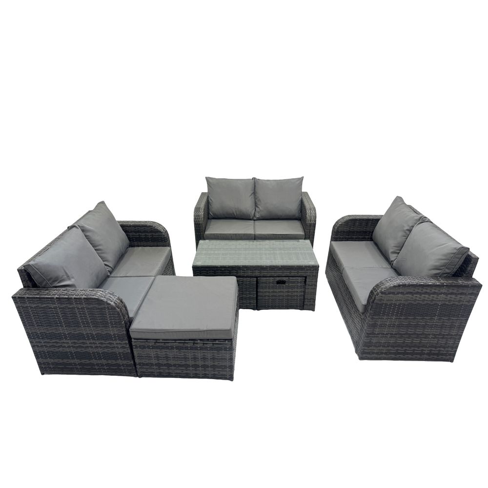 Ensemble de meubles de jardin en polyrotin 7 pièces avec table basse rectangulaire canapé à deux places 3 tabourets