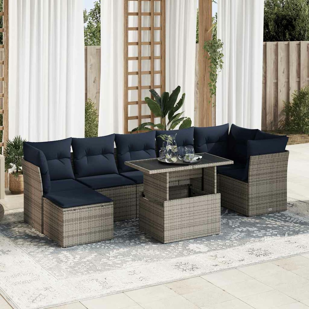 Salon de jardin avec coussins 8 pcs gris résine tressée acacia