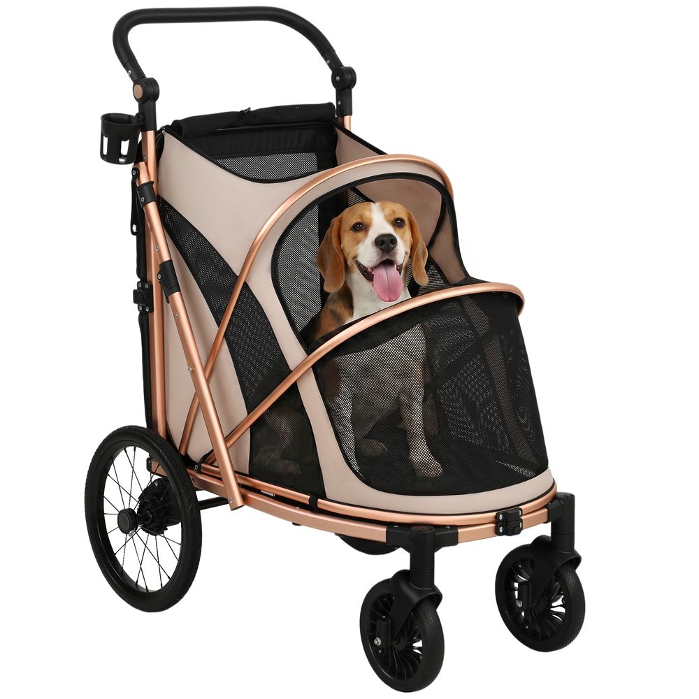 Poussette pour chien aluminium oxford marron clair 20 kg grandes roues suspension