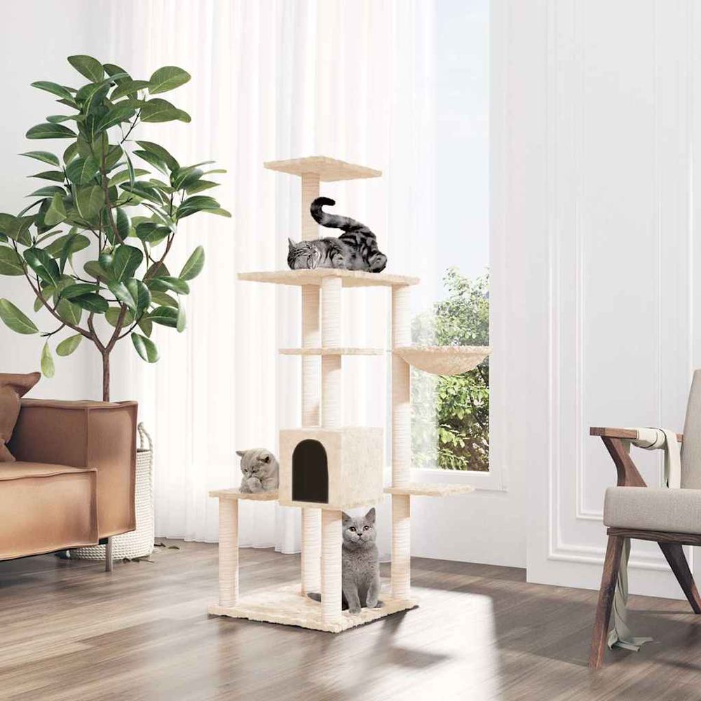 Arbre à chat avec niche panier et griffoirs en sisal pour intérieur crème 142 cm