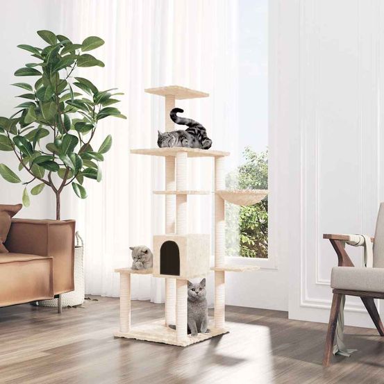 Arbre à chat avec niche panier et griffoirs en sisal pour intérieur crème 142 cm