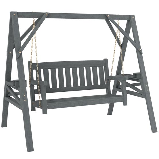 Balançoire de jardin à deux places, banc en bois avec étagères, porte-gobelets et chaînes métalliques, gris