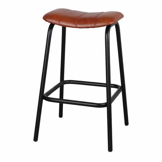 Tabouret avec un style industriel, structure en tubes d’acier finition noir et assise en cuir - modèle 074 - marron