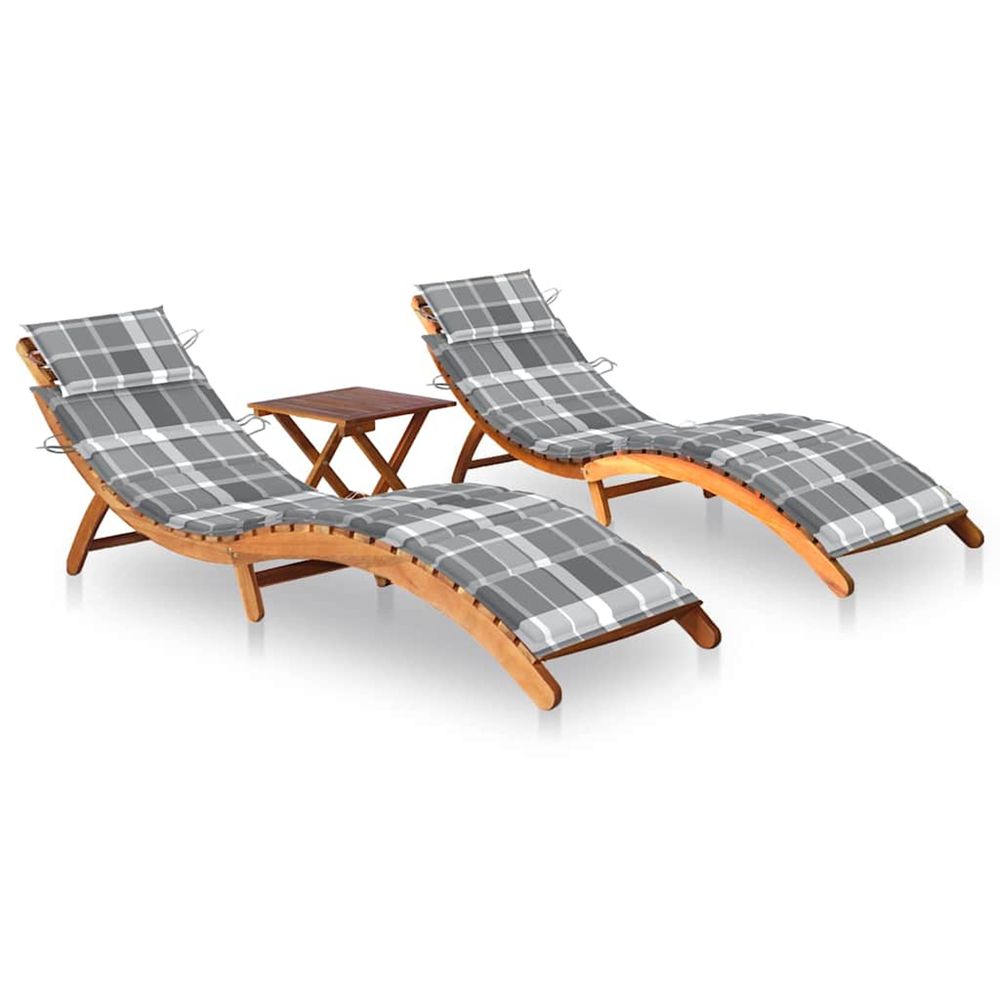 Chaises longues lot de 2 avec table et coussins acacia solide