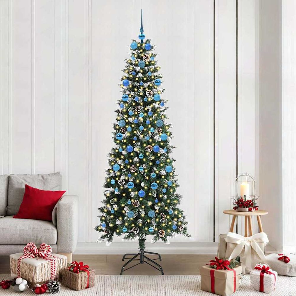 Sapin de noël artificiel 210 cm prêt à l'emploi, décoré avec pommes de pin & 300 led