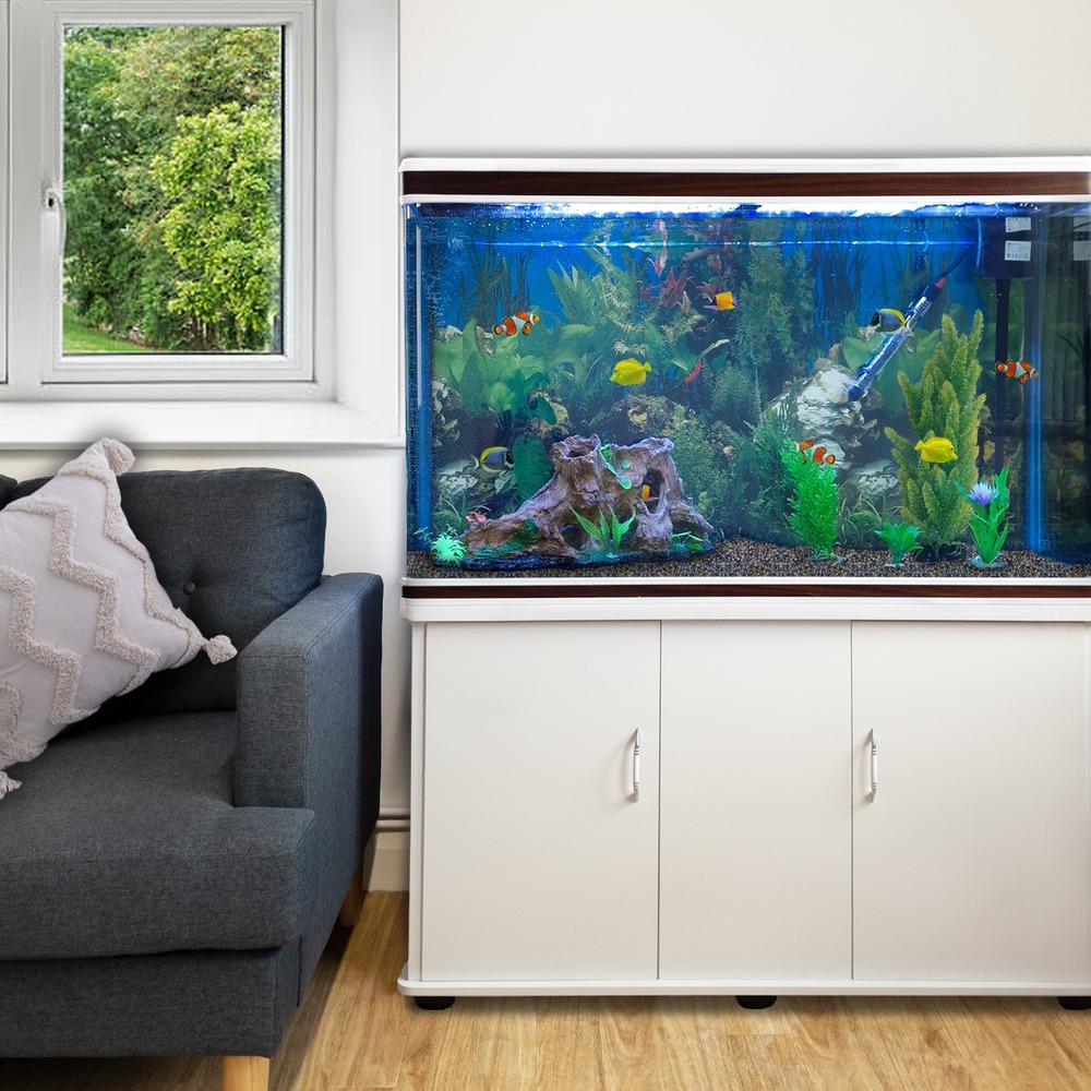 Aquarium blanc avec meuble de support blanc assorti et gravier naturel