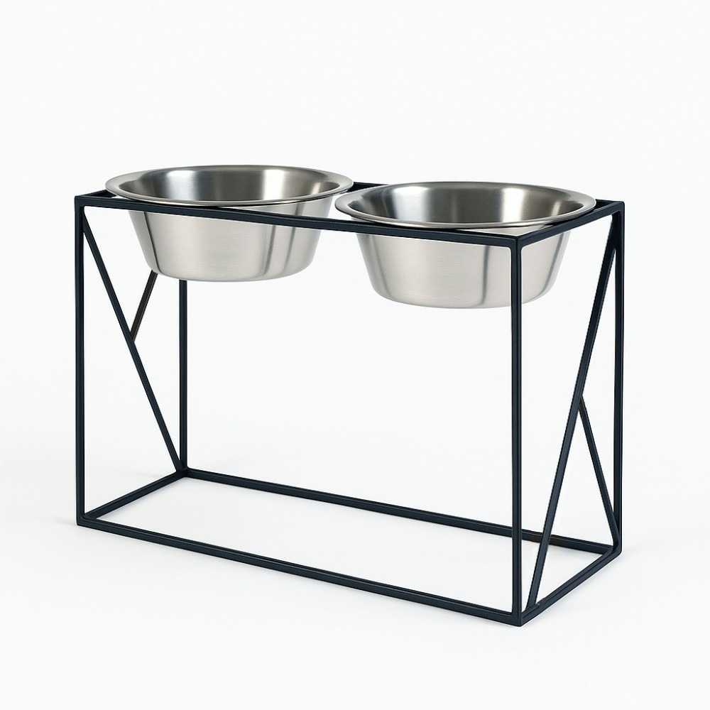 Yumi - set de 2 gamelles surélevées pour grand chien en acier et socle design métal noir, 21x42,5x30,5cm