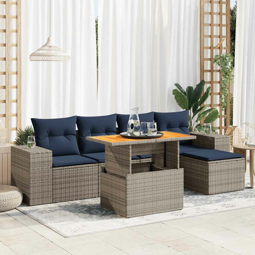 Salon de jardin 6 pcs avec coussins gris résine tressée