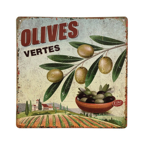 Plaque murale décorative vintage fer multicolore olives vertes 30x30cm