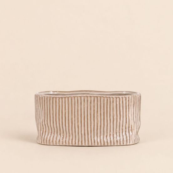 Cache-pot ovale en céramique striée marron 26x15cm
