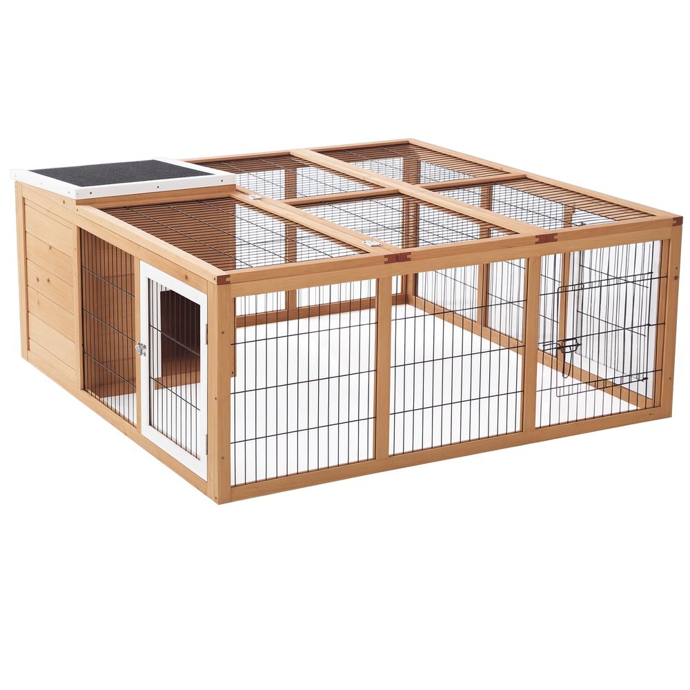 Clapier lapin bois de sapin 123 x 120 x 52 cm brun avec abri et toit ouvrant
