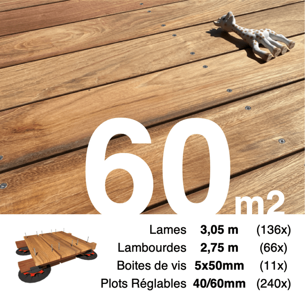 Kit complet terrasse bois exotique jatoba pour 60 m², lames 3,05 m, lambourdes 2,75 m, plots réglables et visserie inox.