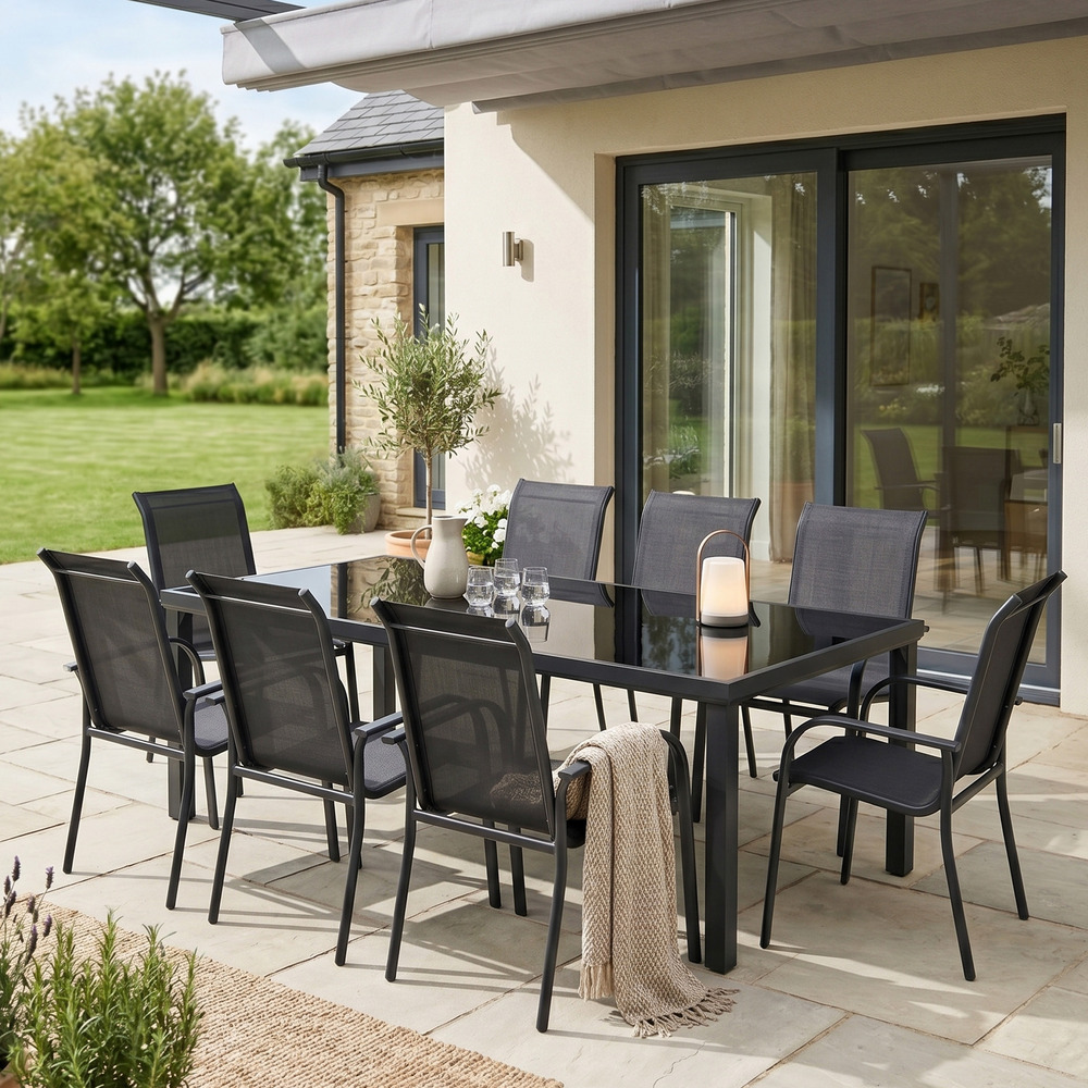 Ensemble blackedition 8p en aluminium, plateau en verre trempé opaque avec 8 fauteuils en textilène