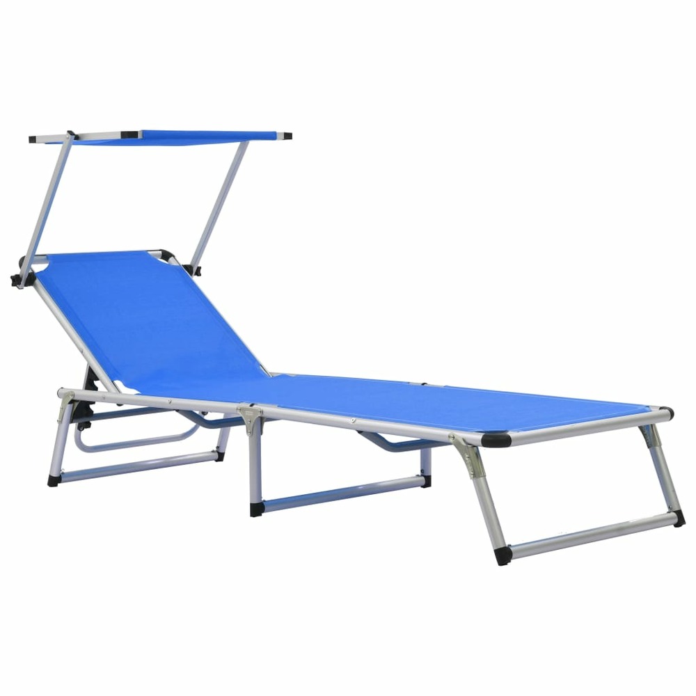 Transat chaise longue bain de soleil lit de jardin terrasse meuble d'extérieur pliable avec toit aluminium et textilène bleu