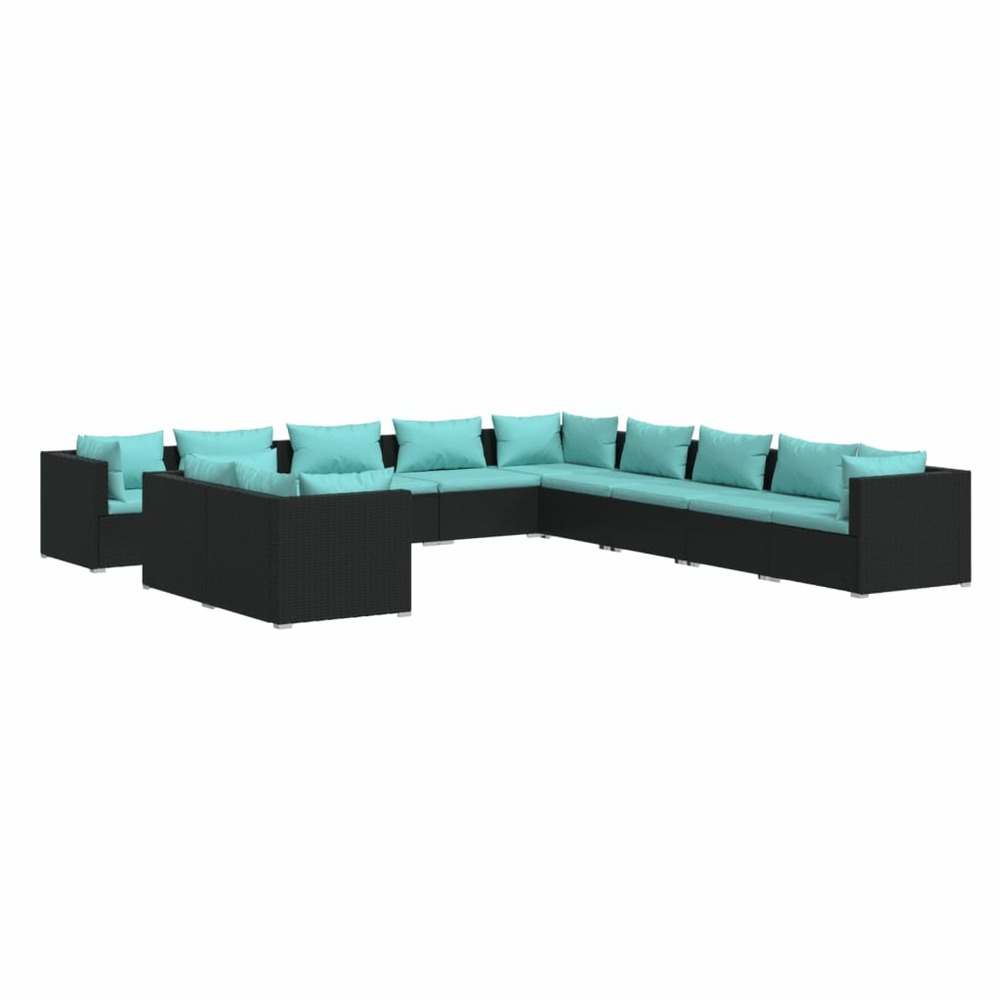 Salon de jardin meuble d'extérieur ensemble de mobilier 11 pièces avec coussins noir résine tressée