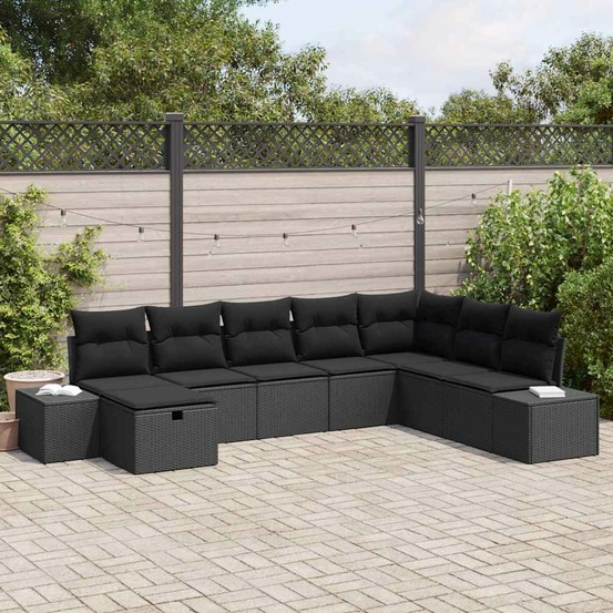 Ensemble de canapé de jardin avec coussin 8 pcs noir polyrotin