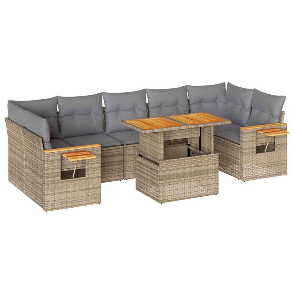 Salon de jardin avec coussins 8 pcs beige résine tressée acacia