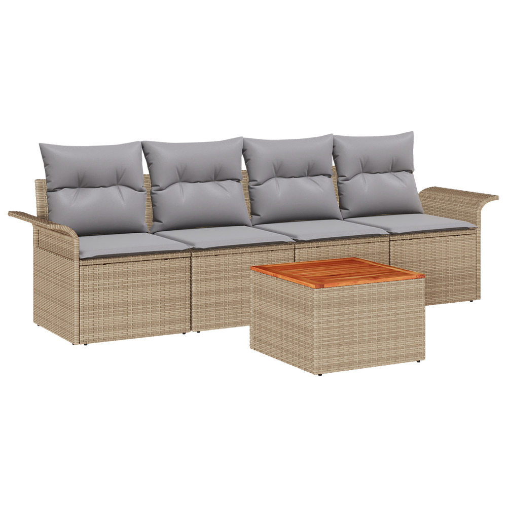 Ensemble de canapé de jardin 5 pièces avec coussins beige poly rotin acacia