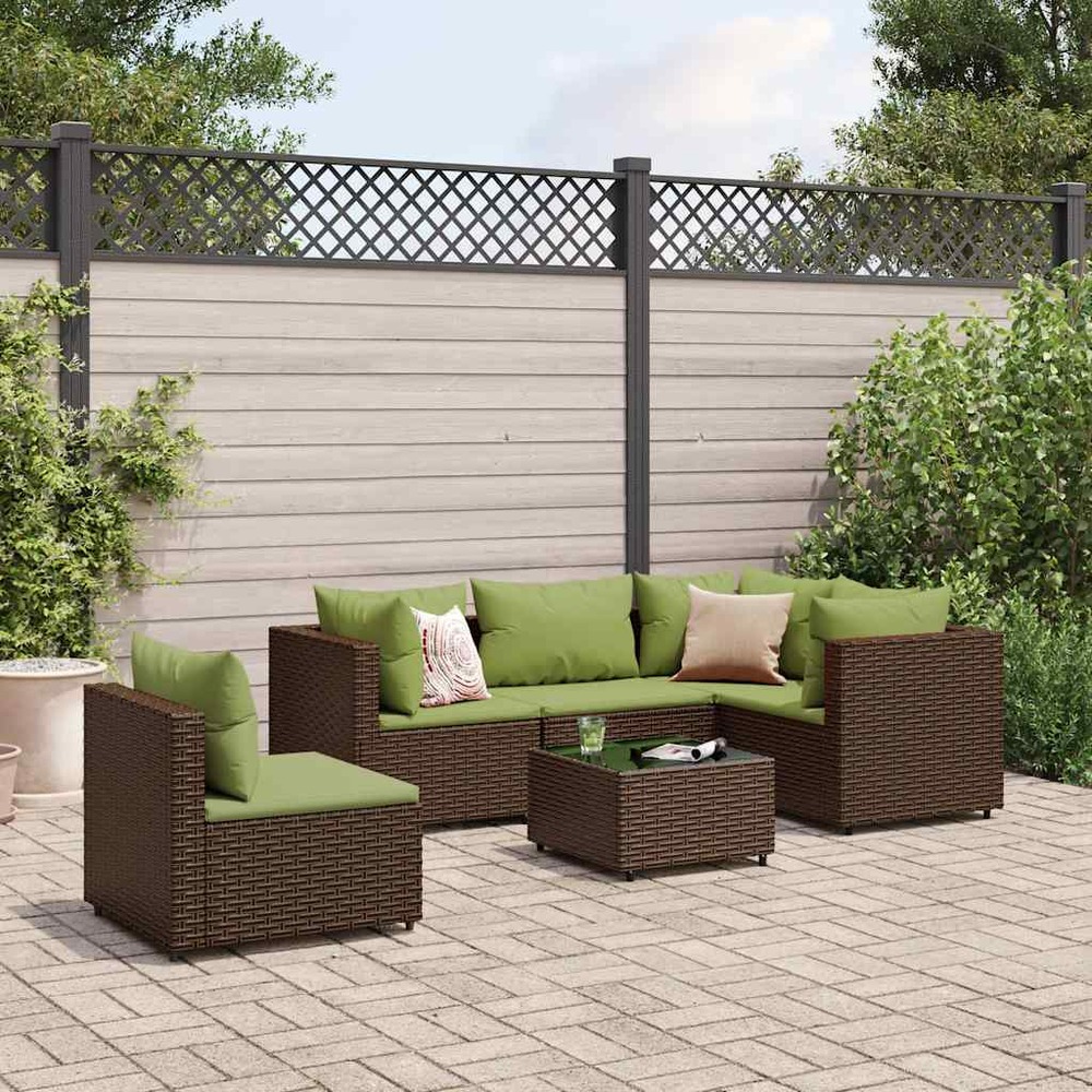 Salon de jardin 6 pcs avec coussins marron résine tressée