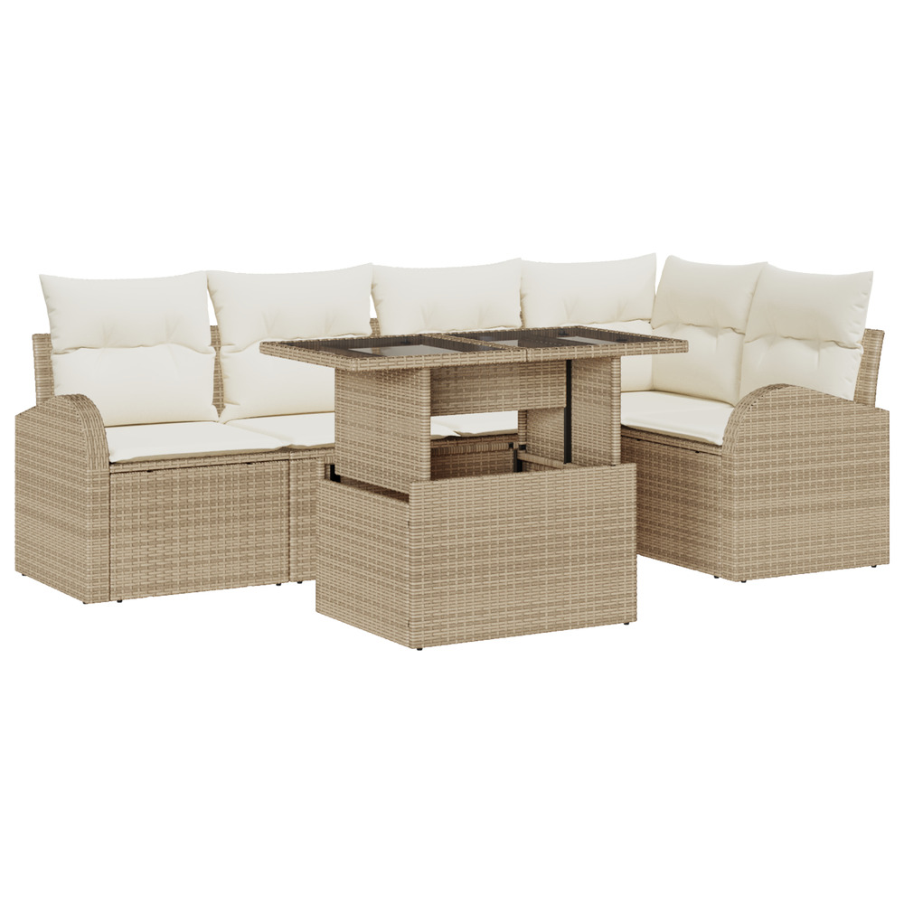 Set de sofa de jardin 6 pièces avec coussins beige poly rotin