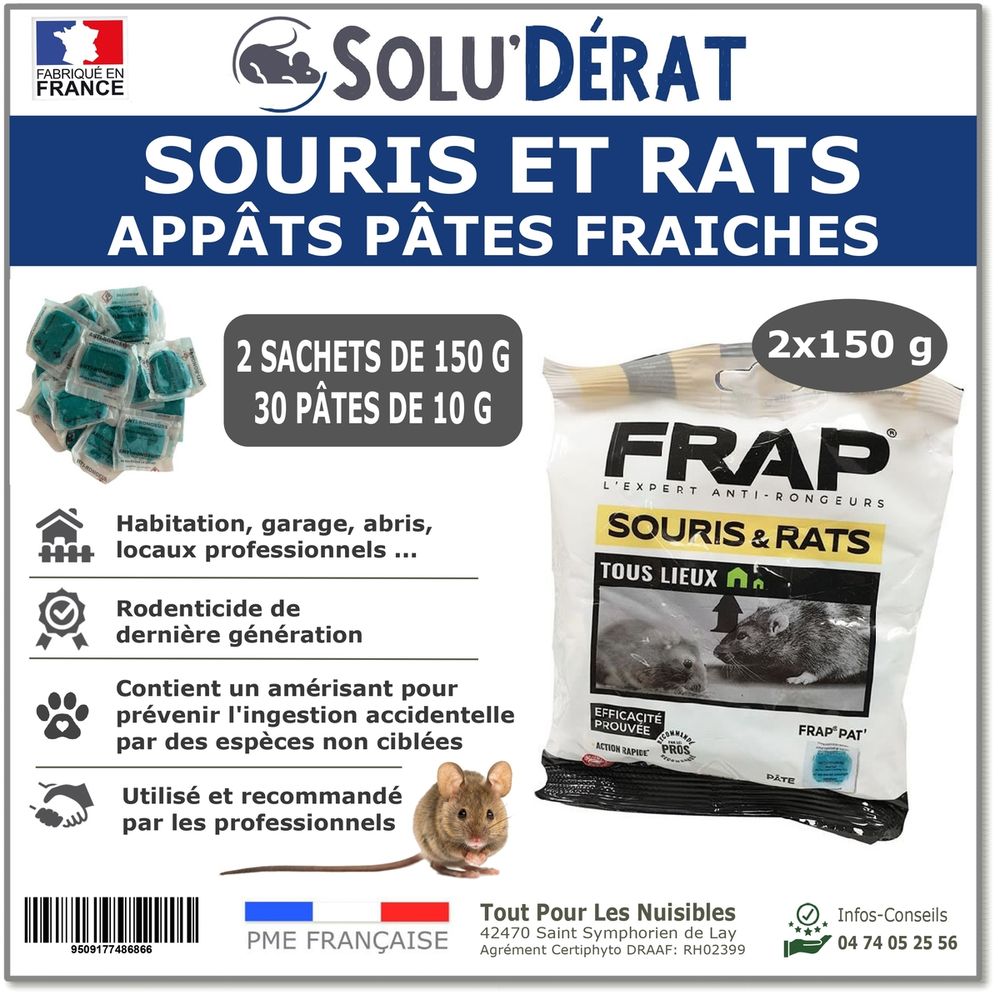 Solu'derat appâts pâtes fraîches rats & souris - 2 sachets 150 g / 30 pâtes - rodenticide au diféthialone 0,0025 %
