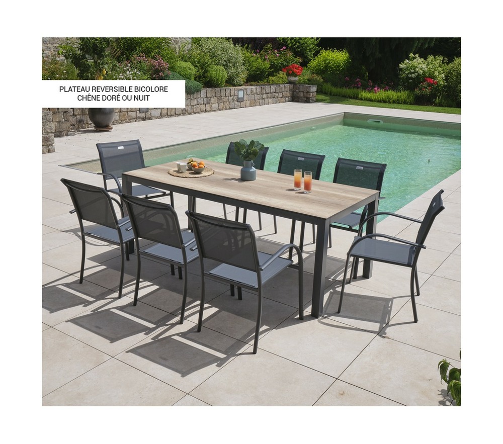 Ensemble table et fauteuils de jardin - 8 places - chêne doré et nuit - timor