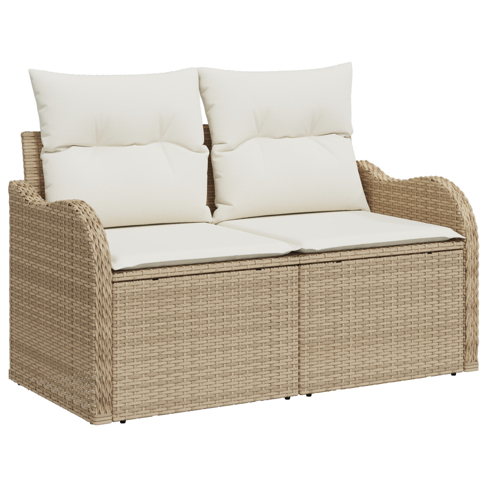 Canapé de jardin 2 places avec rangement et coussins en poly rattan beige