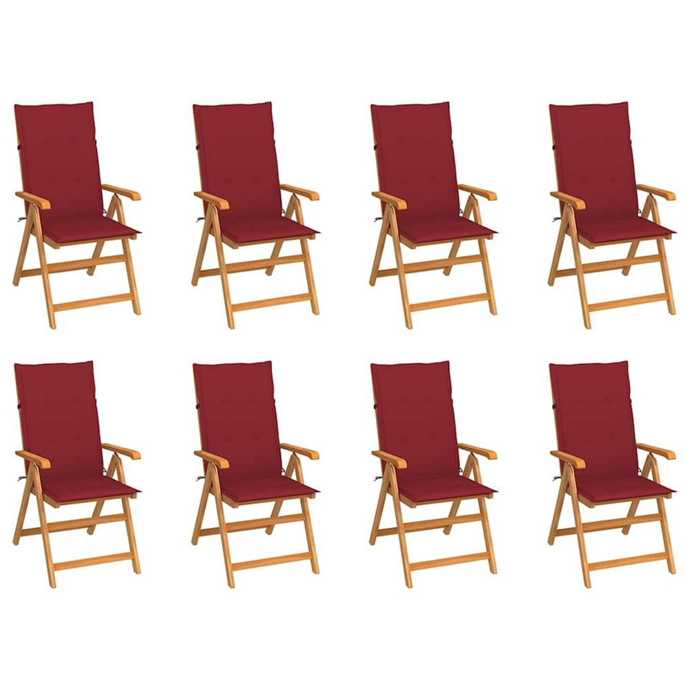 Fauteuils pliants inclinables avec coussins, 8 pièces, en teck massif