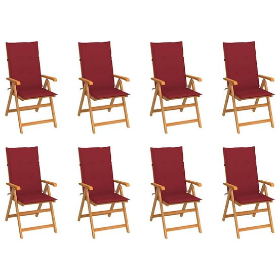 Fauteuils pliants inclinables avec coussins, 8 pièces, en teck massif