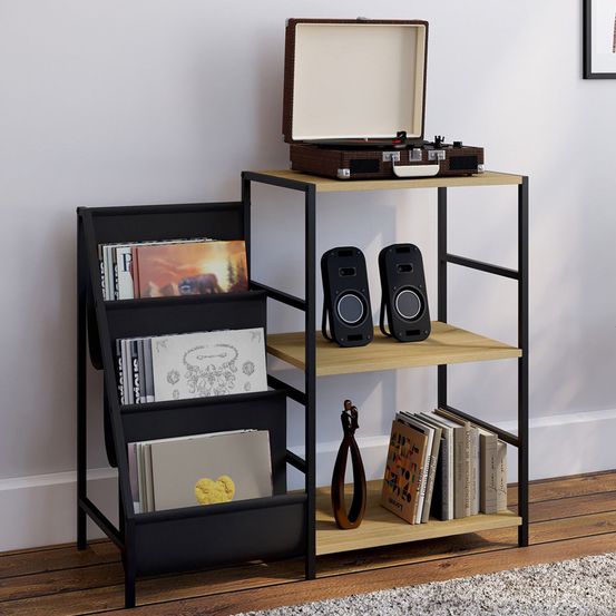 Meuble d'appoint, rangement avec étagères, supports vinyles et platine nevil design industriel