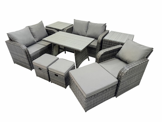 8 places ensemble de meubles de jardin en rotin avec table à manger fauteuil canapé d'amour 3 tabourets 2 tables d'appoint