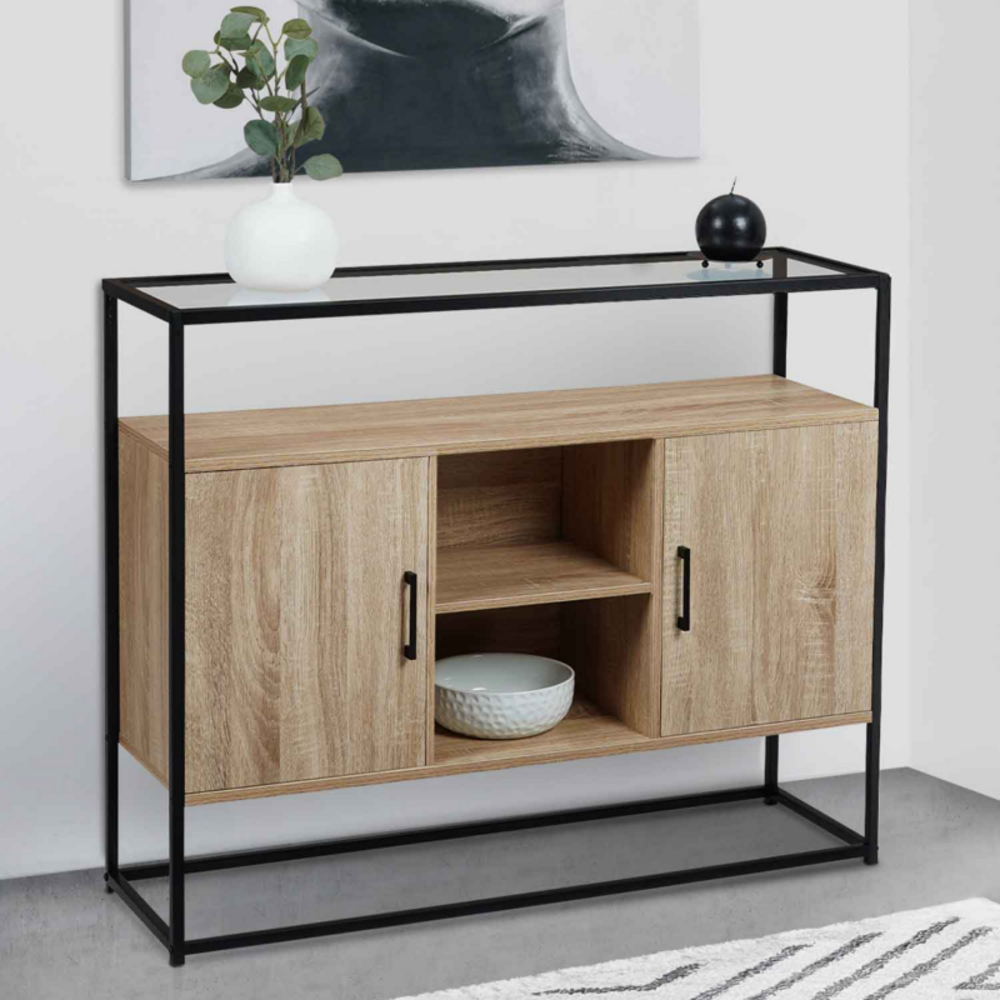 Idmarket buffet 2 portes solano plateau en verre et pied métal design industriel