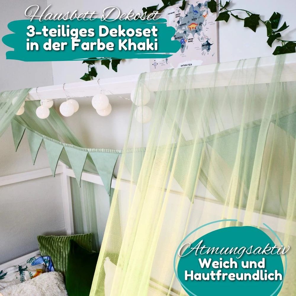 Alavya home set de décoration lit cabane 150x350 cm, 3 pièces: 2 ciels de lit + guirlande fanions, kaki (sans guirlande lumineuse)