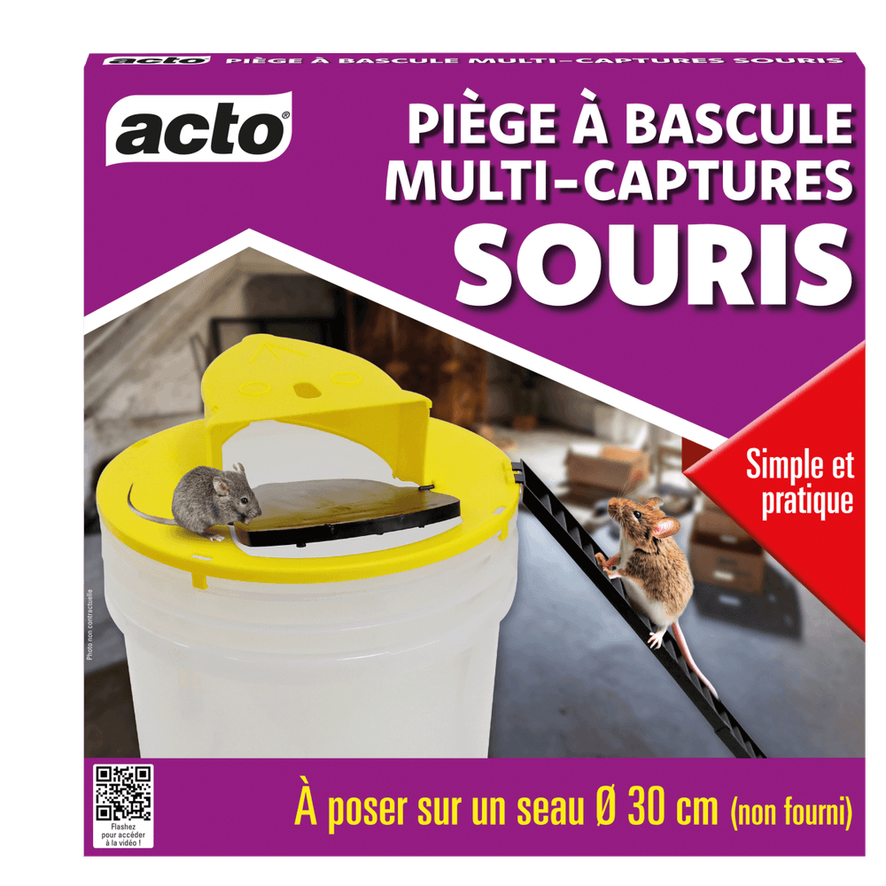 Piège à bascule multi-captures souris acto - couvercle auto-réarmable pour seau