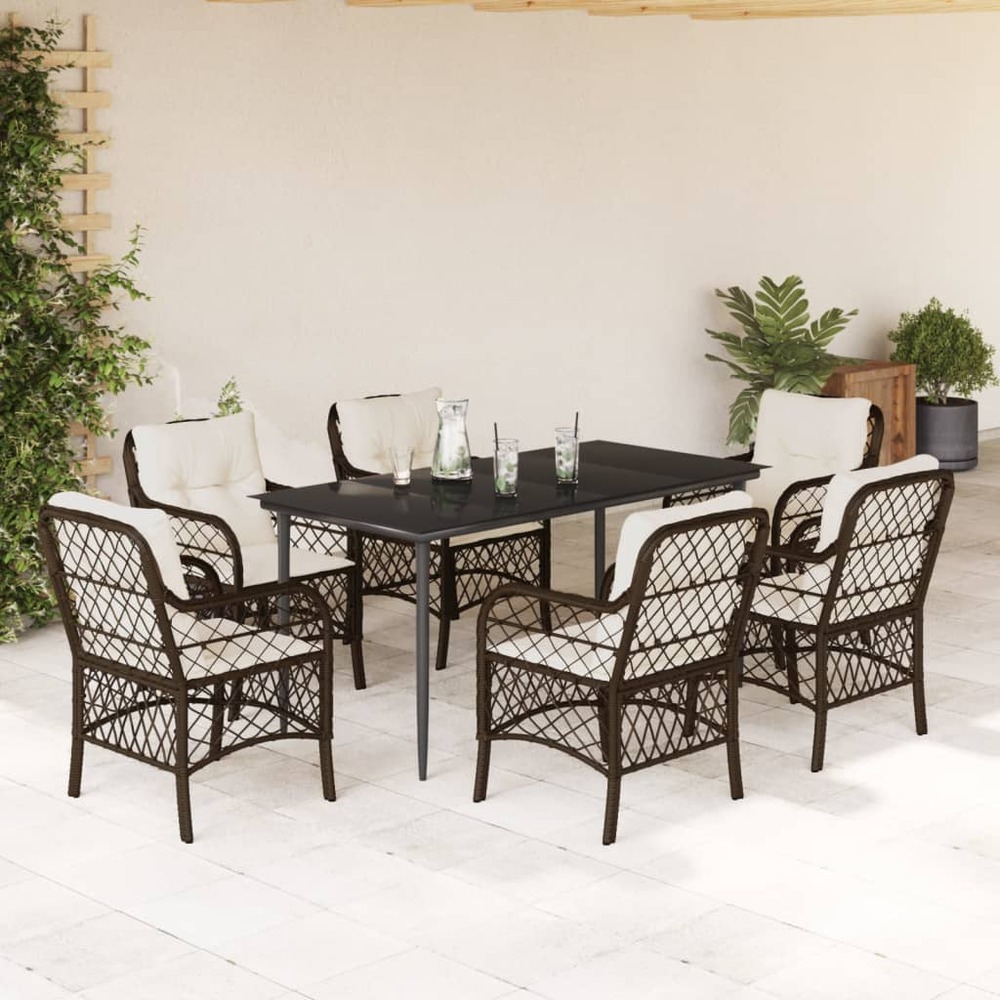Ensemble à manger de jardin et coussins 7 pcs marron rotin