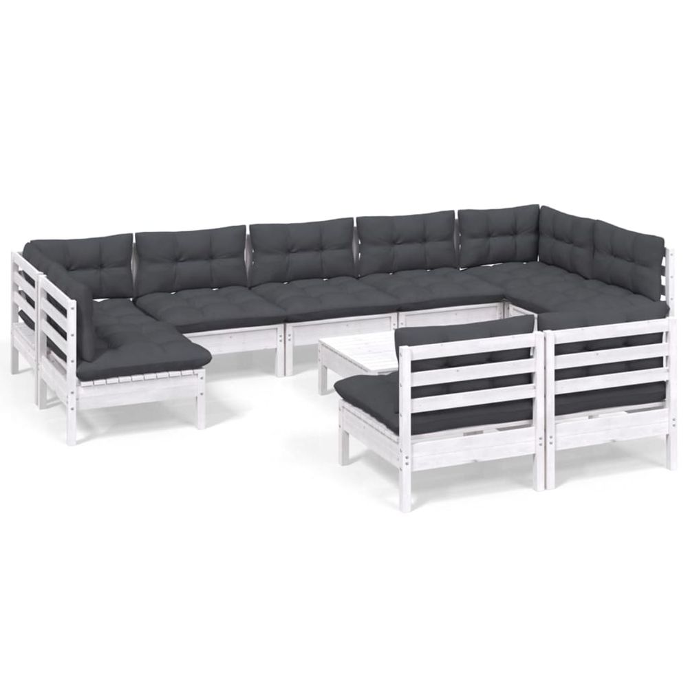 Salon de jardin 10 pcs avec coussins blanc bois de pin massif