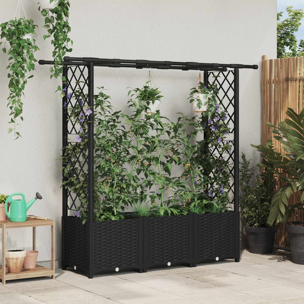 Jardinière surélevée polypropylène toit plat treillis pour végétaux grimpants noir