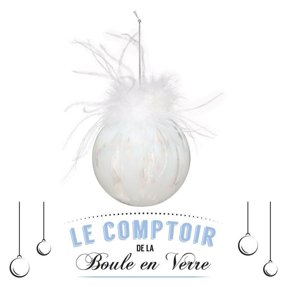 Boule de noël verre 90mm plume lignes