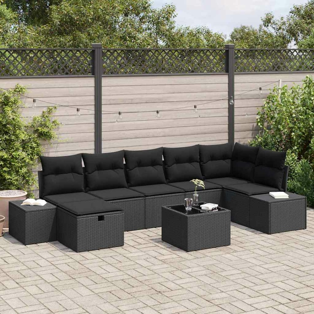 Ensemble de canapé de jardin avec coussin 8 pcs noir polyrotin