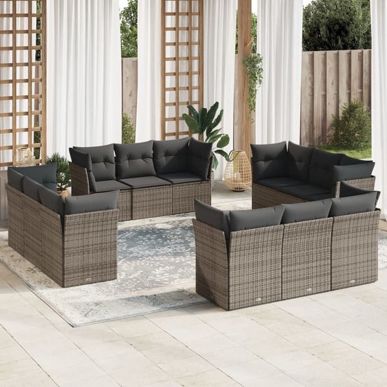 Salon de jardin avec coussins 12 pcs gris résine tressée