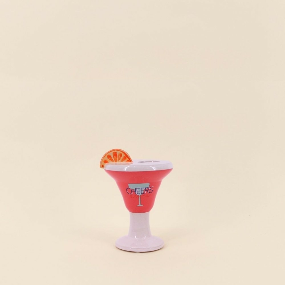 Vase verre à cocktail en faïence rose et blanc, h16cm